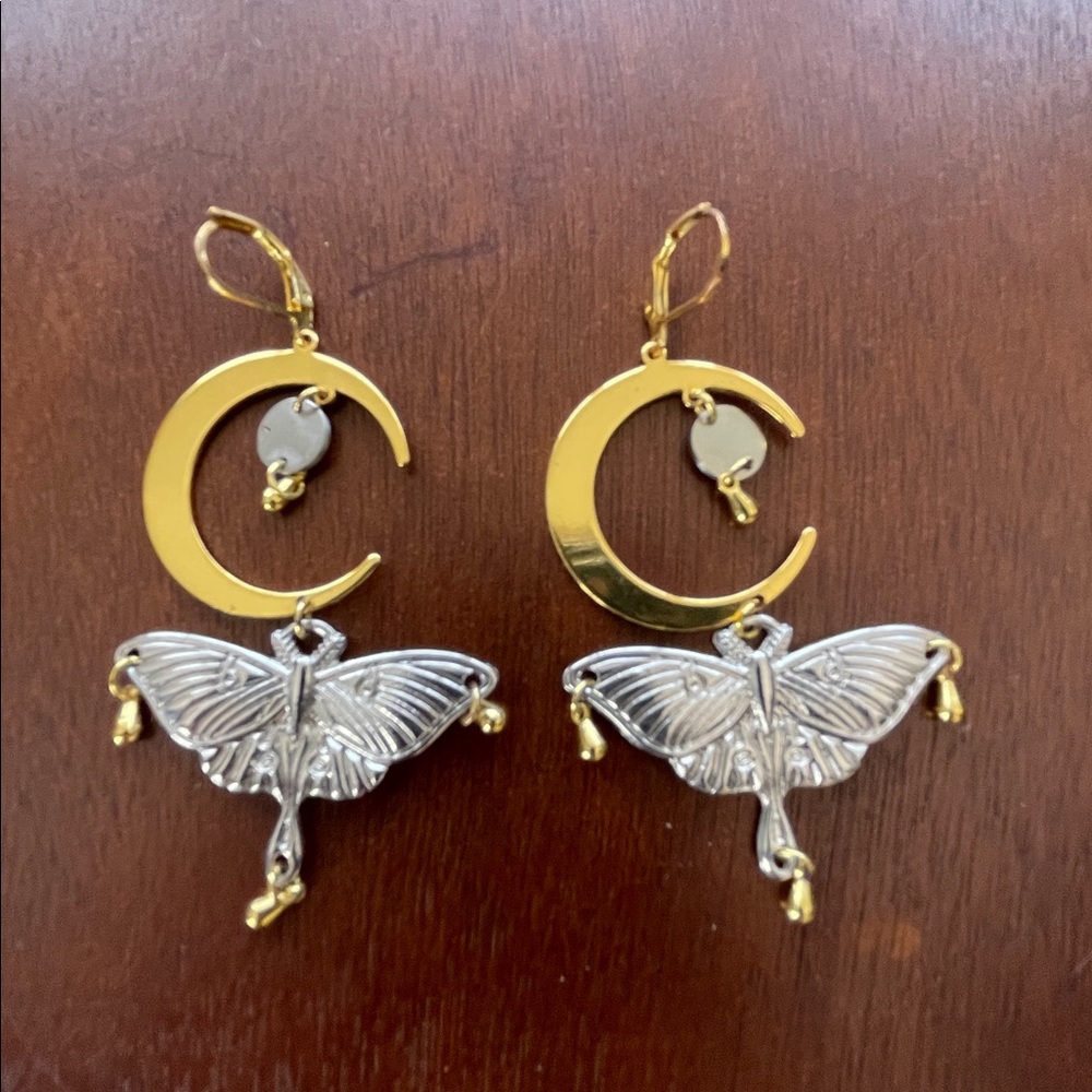 Gold and Silver Tone Celestial Crescent Moon and Moth Earrings